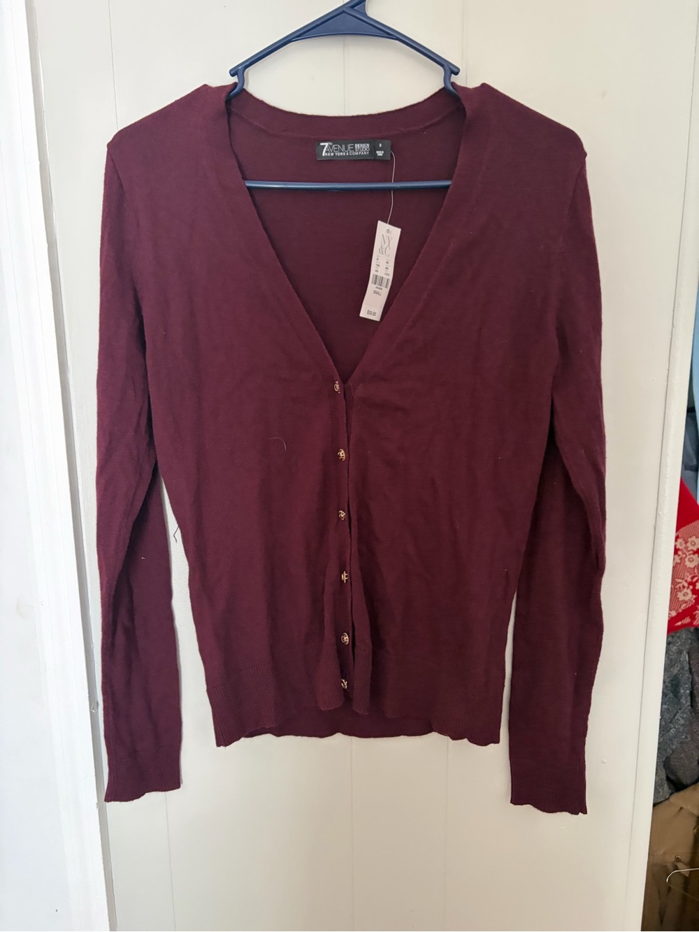 New York & Company Maroon V-Neck Button Cardigan